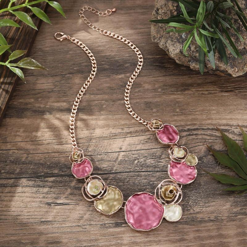 Color Painting Oil Rose Necklace Geometric Hollow Rose Lady High Sense Spring Color Necklace