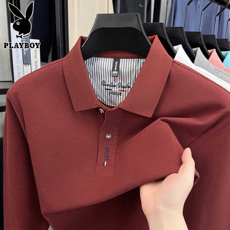 PLAYBOY Men's Long-Sleeve Pure Cotton Polo Shirt