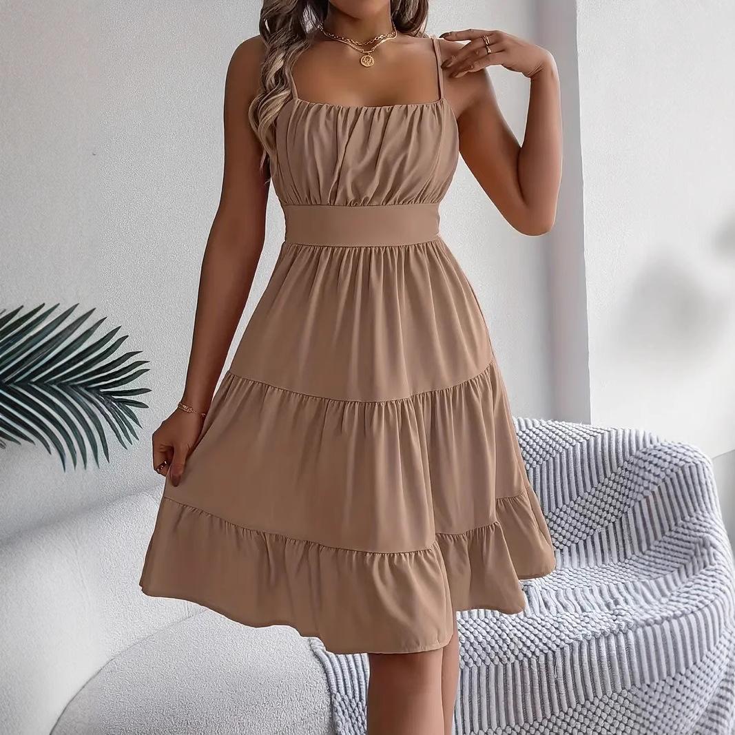 European and American Amazon Cross 2025 Spring/Summer New Women s Sleeveless Strap Square Neck Layered Pleated Dress S хаки