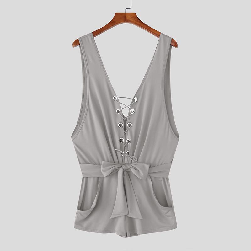 

INCERUN Mens Deep V Neck Lace-up Belt Short Jumpsuits Romper Home Wear L серый