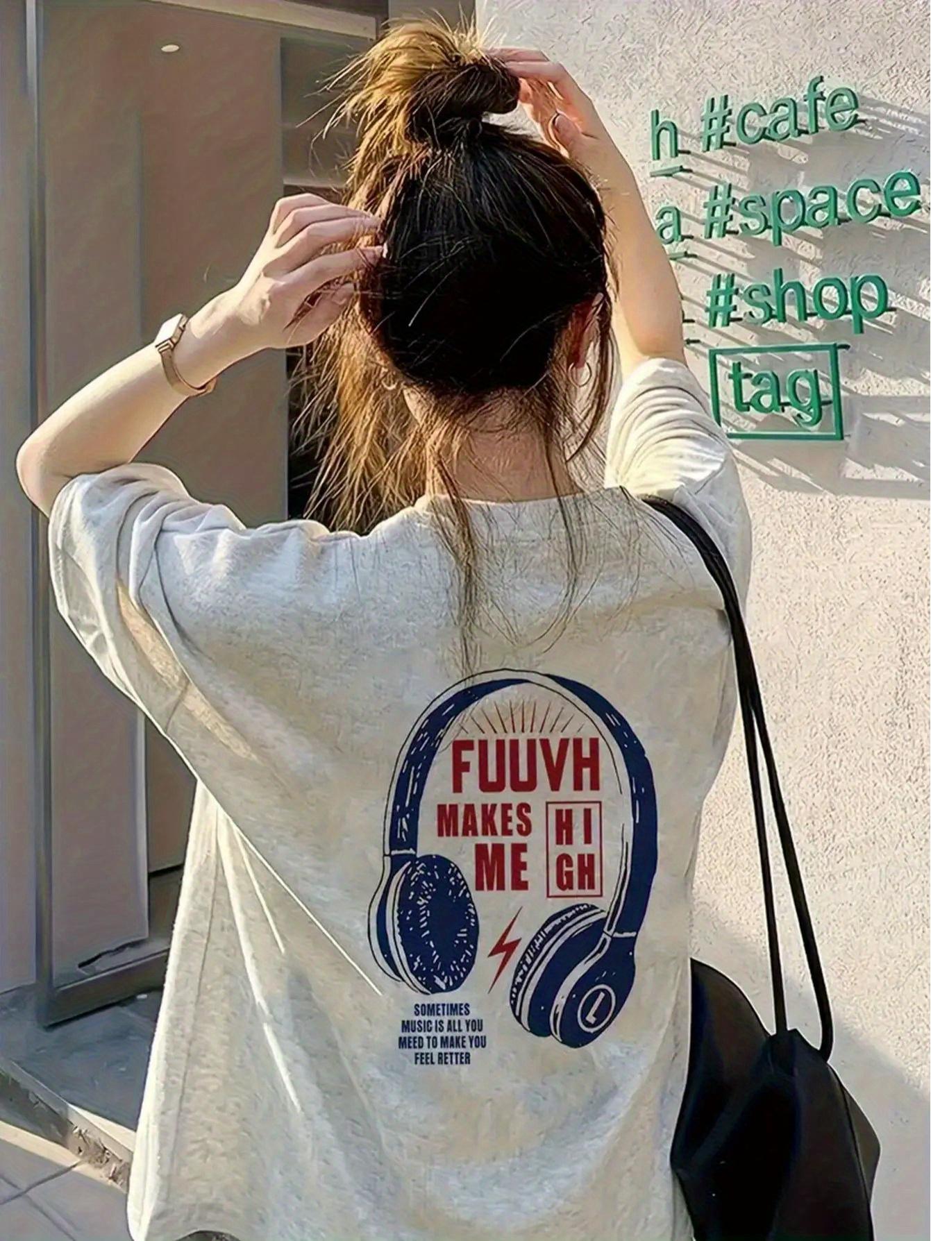 

2026 Summer Womens Vintage Music Theme T Shirt Cotton and Breathable Short Sleeve Streetwear Oversized Loose Casual S