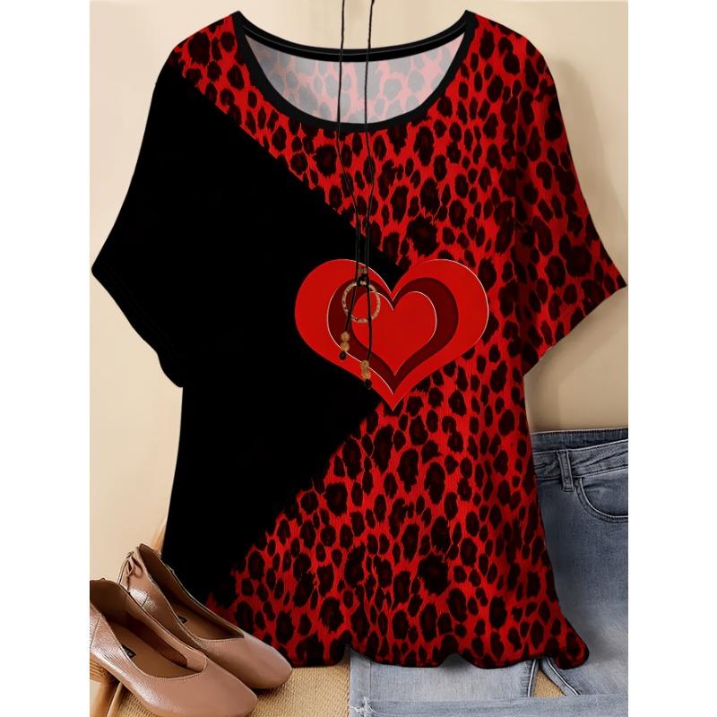 

Large size round neck simple pattern short sleeve leopard print love print top 8XL