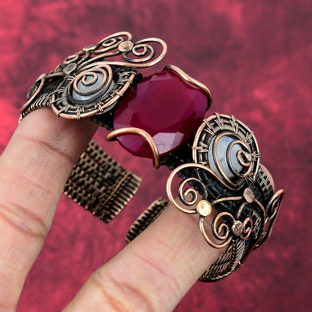 Faceted Kashmir Ruby Bangle Rainbow Moonstone Cuff Bracelet Copper Wire Wrapped Adjustable Bangle Handmade Copper Jewelry Gemstone Bracelet