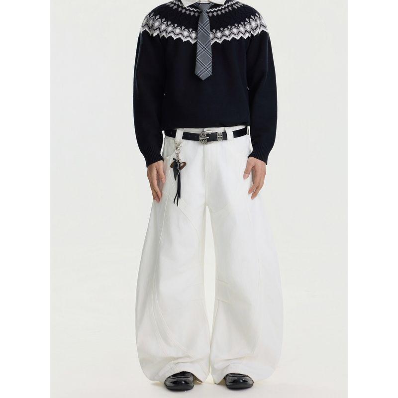 Blaexit American-Style Deconstructed Patchwork A-Line White Cargo Pants for Men, Wide-Leg Loose Drape Casual Scimitar Pants