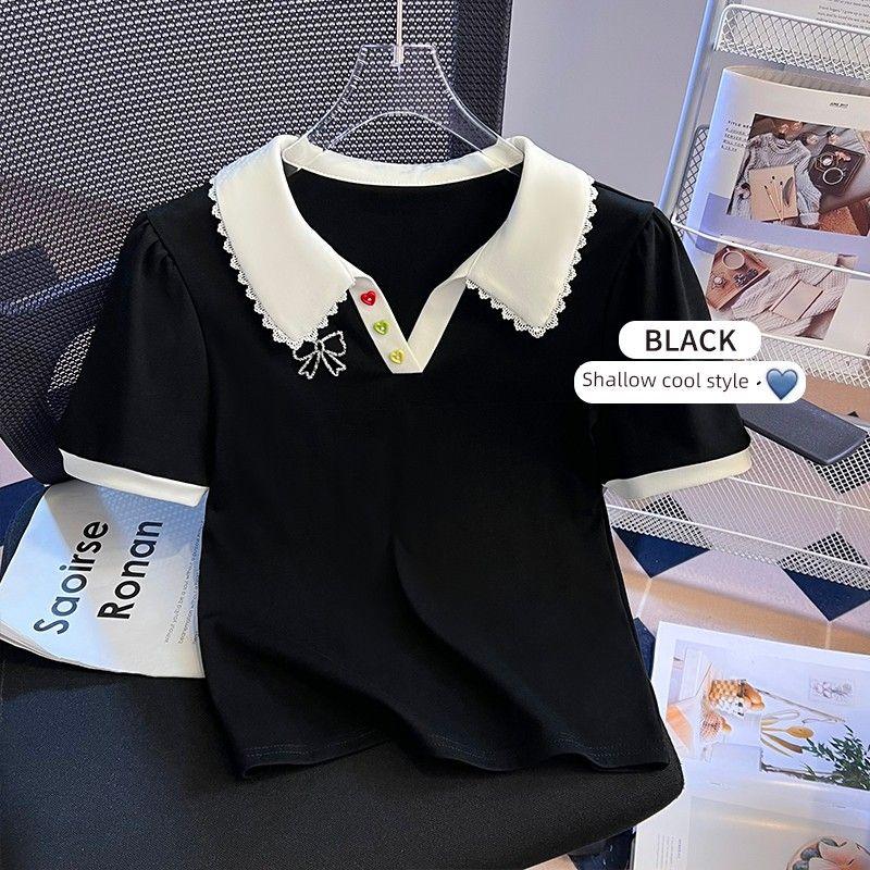 

Short-Sleeved T-shirt Young Adult Big Kids Summer Clothes 2025 New Arrival Junior High School Student Preppy Style Casual Polo Shirt Tops 6875 Black L