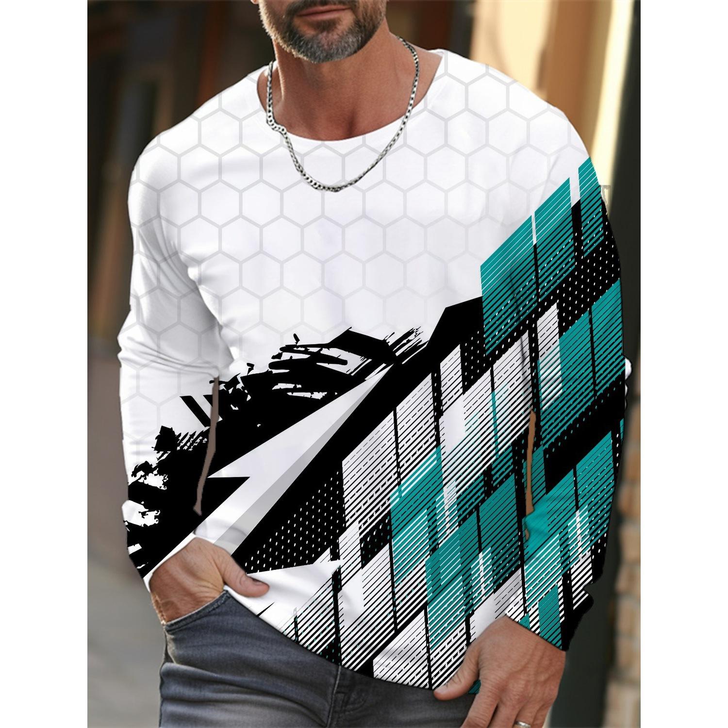 

Minimalist New Spring Casual Men s Striped Digital Printed Long Sleeved Loose Men s T-shirt 6XL