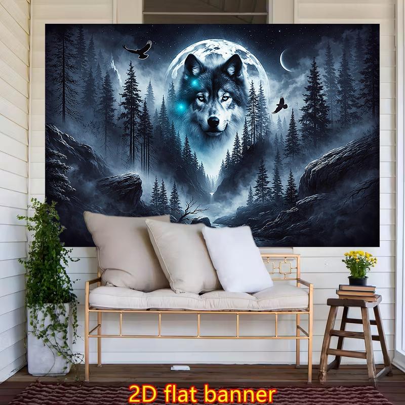 Wolf Moon Tapestry, Majestic Wolf with Glowing Eyes In Pine Forest, Full Moon Night Scene Wall Hanging for Bedroom Living Deco