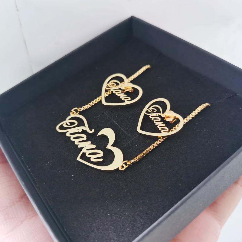 Qiuhan 20mm Heart Earrings Necklace Set, Personalized Stainless Steel Custom Name Jewelry Set