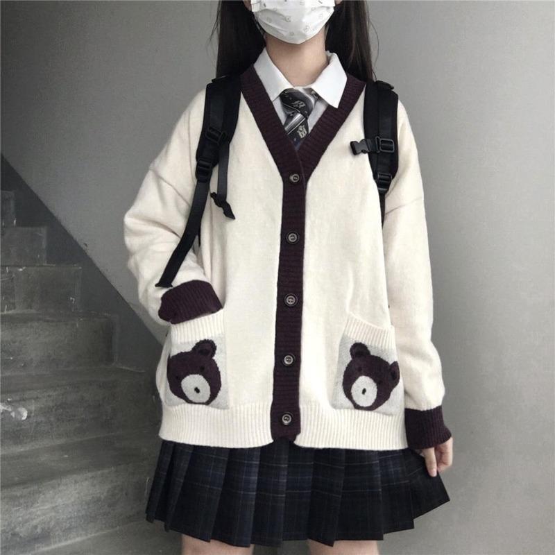 Japanese Style Bear Print Cardigan Sweater Women JK V-neck Oversized Knitted Jumper Female Preppy Fashion Kawaii Coats
