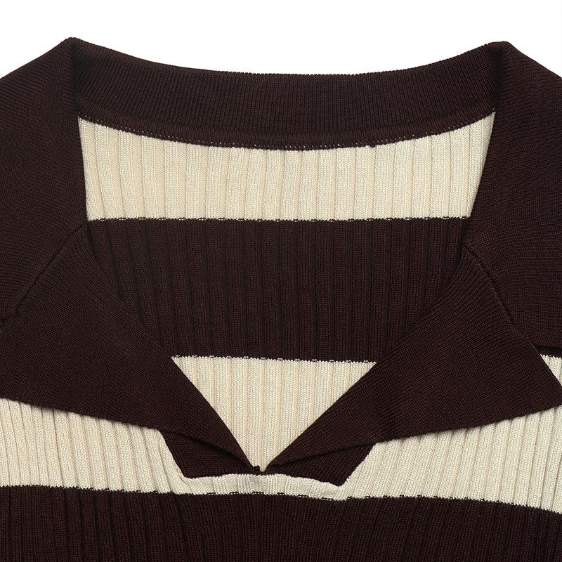 European AW 2026 Retro Knitwear: Women's Striped Lapel Slim Fit Sweater