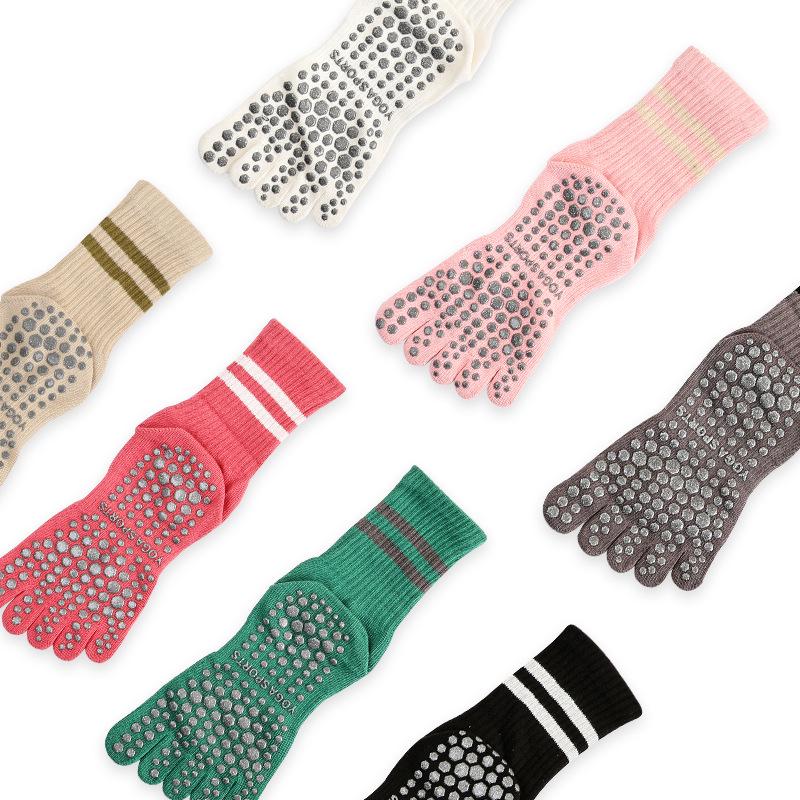 Spring Striped Non-Slip Women's Yoga Toe Socks - Long Sport Style for Pilates, Mid-Calf Length