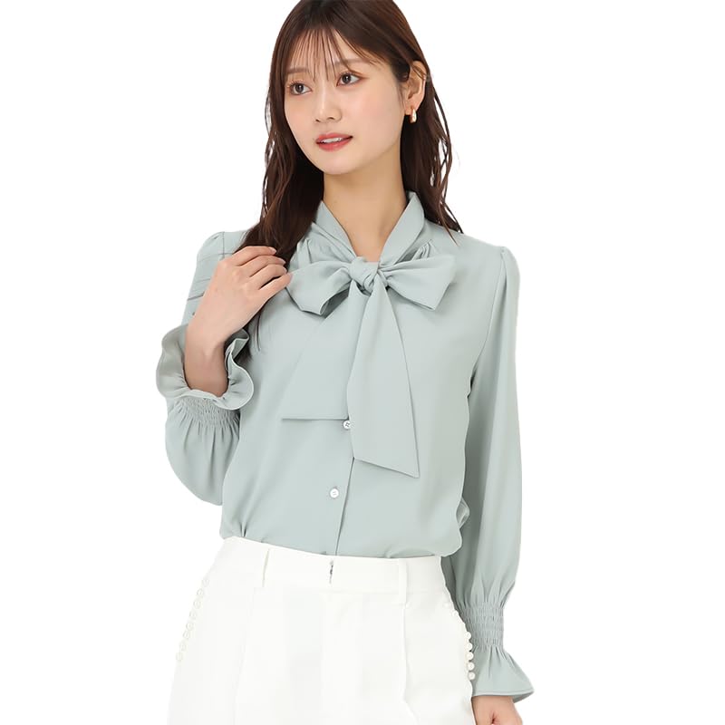 

Mishmash Blouse Shirt with Bow and Perfect for Office and Green Tie, Ribbon, Shirring, Cute, Feminine, Work, Commuting, Casual, Women s зелёный