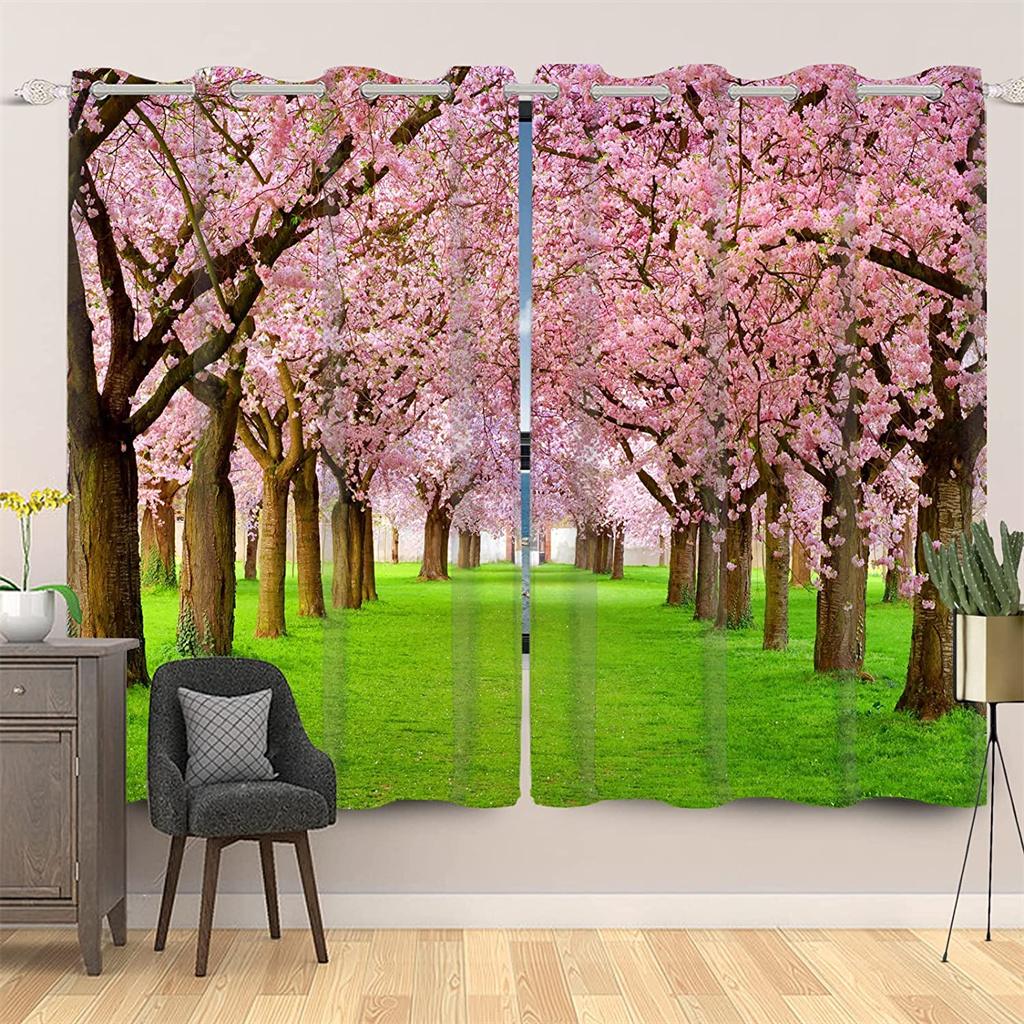 Pink Cherry Blossom Forest Green Grass Curtain, a Set of Two Sets, Home Bedroom Living Room Shade Curtain