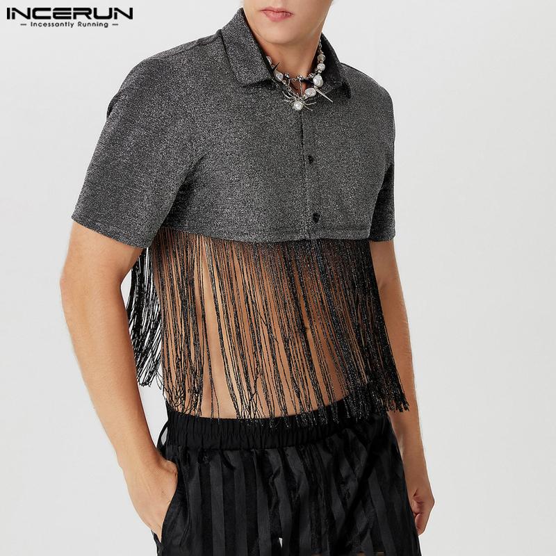 

INCERUN мужские лоскутные укороченные топы с воротником с лацканами и блестящими вечерними короткими рубашками с кисточками 3XL чёрный