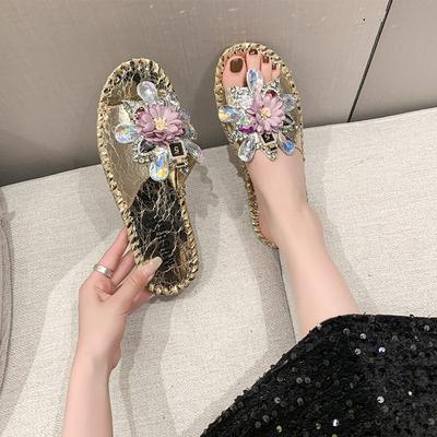 Aphixta Diamond Flower Decoration Flat With Slippers Casual Women Sweet Mulers Outside Summer Sandals Shoe Sewing Slide