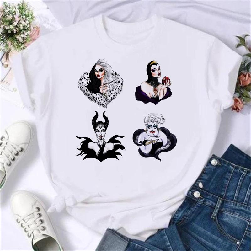 Cartoon Disney Spoof Villains Princess Print Blouse Women 90S Tshirt Summer Harajuku White Ladies T Shirts Female Y2k Tops Gift