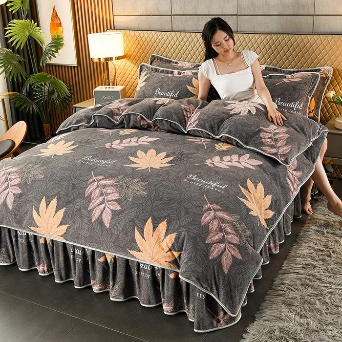 

Maternal And Infant Grade Thickened Milk Fleece Four-Piece Set, Double-Sided Coral Fleece Fleece Quilt Cover, Flannel Bed Sheet 2.0m Skirt 4pc лист