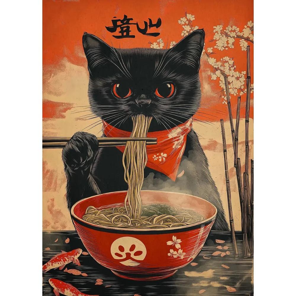 Japanische Katze isst Nudeln Leinwandposter Katze Kaffee Bonjour Mon Amour Küchenwandkunst Drucke für modernes Wohnzimmer Heimdekor