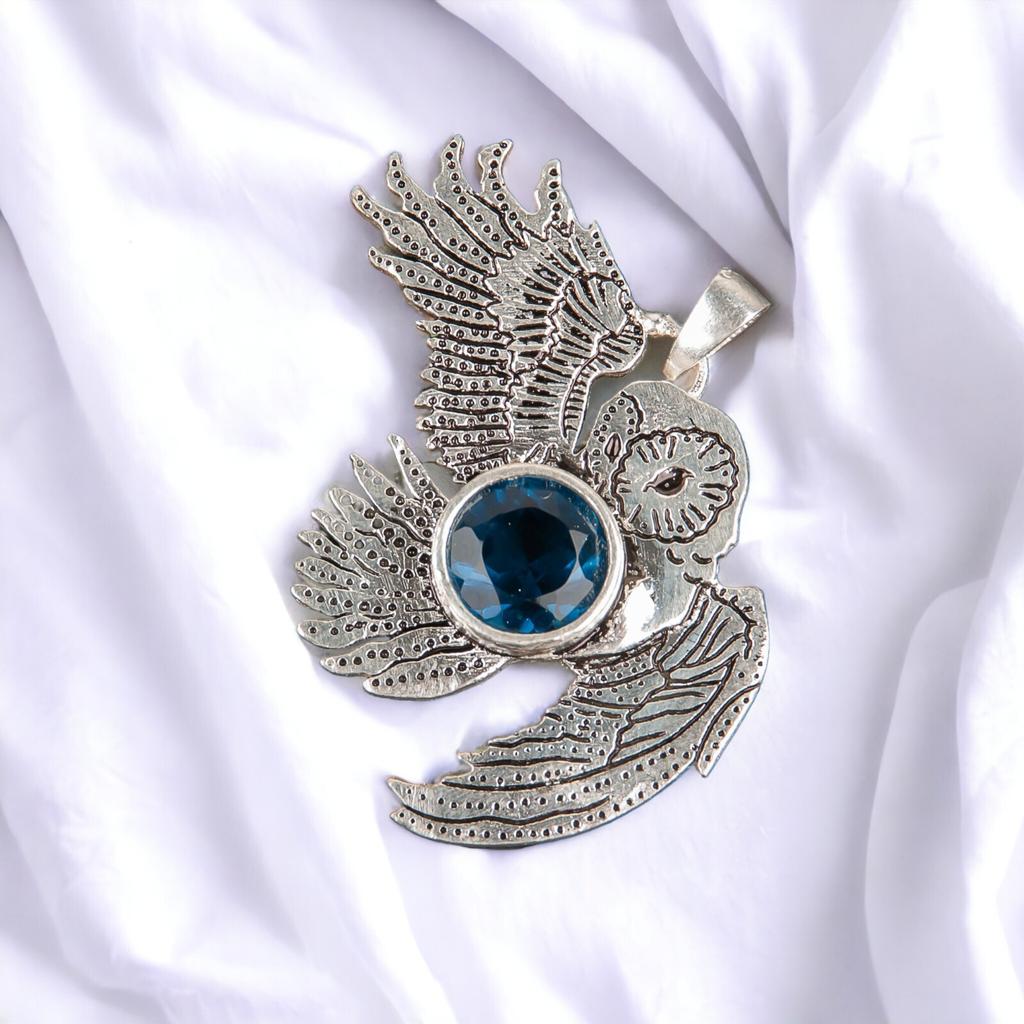 925 Sterling Silver Multi Gemstone Owl Designer Good Luck Jewelry Pendant 1.3" CP-16