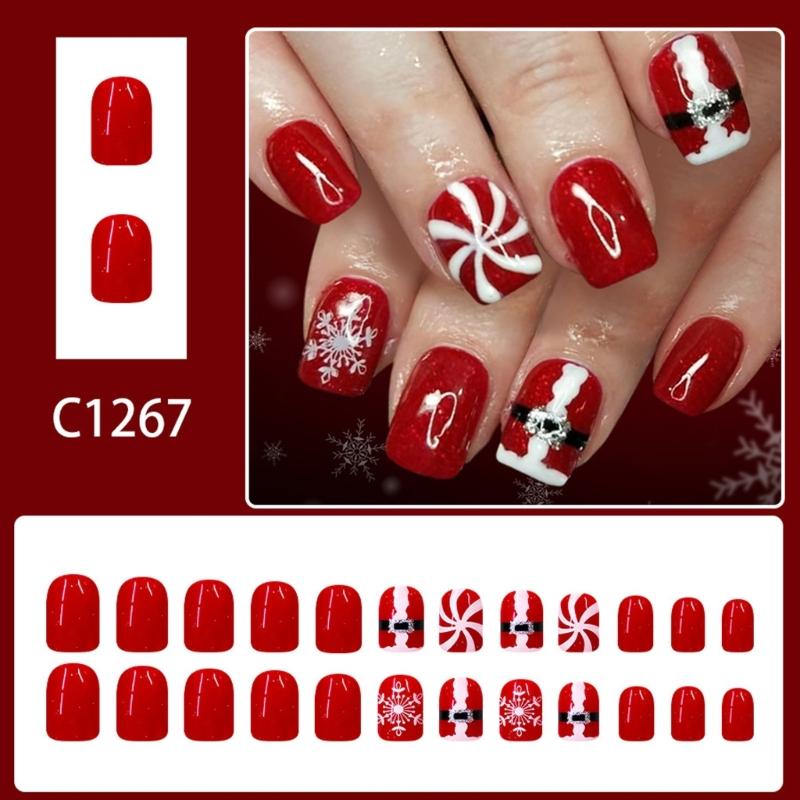 ABS Christmas Fake Nail 24PCS Santa Snowflake Glitters Design Holiday Party Press On Nail For DIY Manicure Comfort Wear