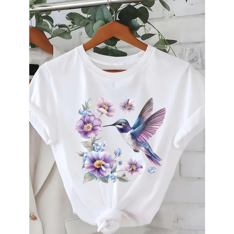

Floral Hummingbird Print Women s White Casual Crew Neck Short Sleeve Summer Tee 4XL білий