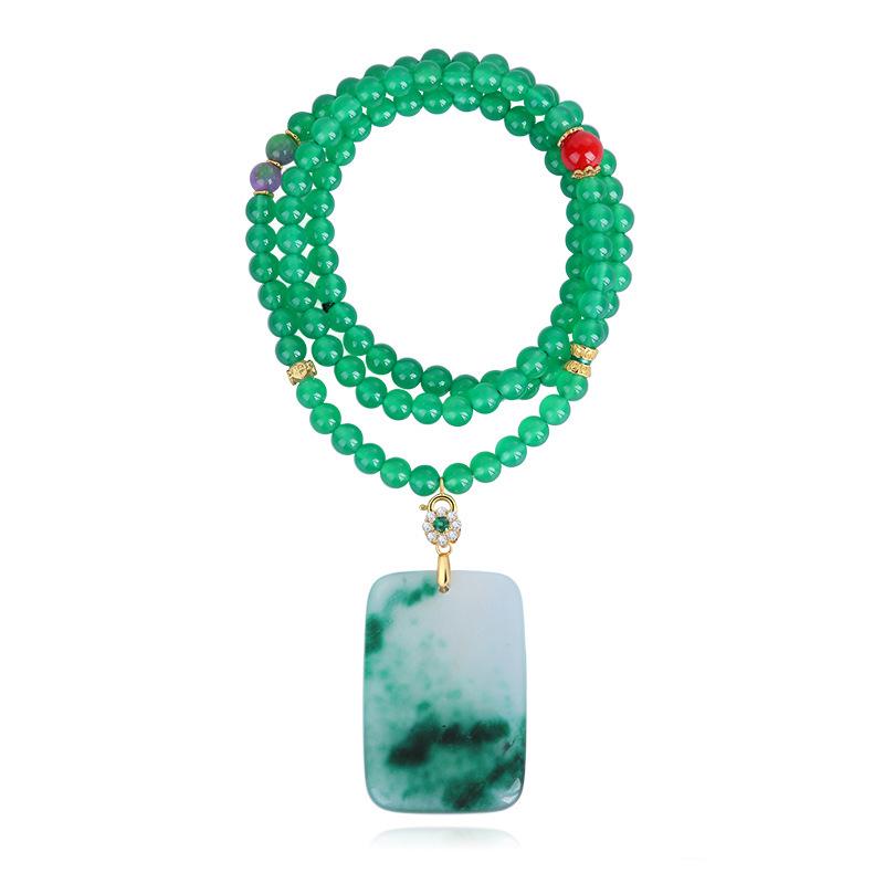 National Dynasty Xinjiang Gold Silk Jade Bead Necklace with Emerald Jade Pendant