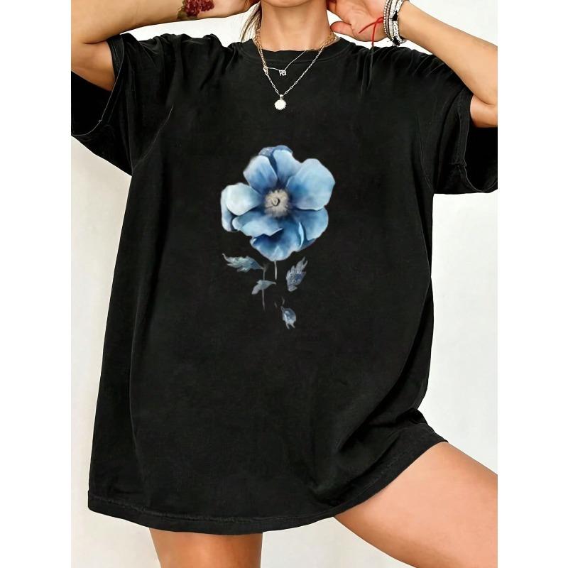 Oversized T Shirt Black Blue Flower Print Casual Wear