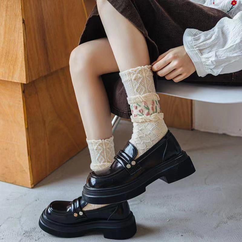 New Women Socks Korean Style Tulip Flower Casual Socks Girls Cute Sweet Breathable Kawaii Crew Socks