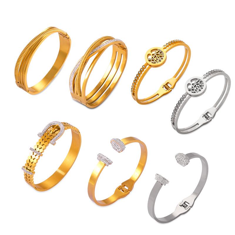 European & American Light Luxury Titanium Steel Gold-Plated Open Design Bracelets with Rhinestone Inlay for Women