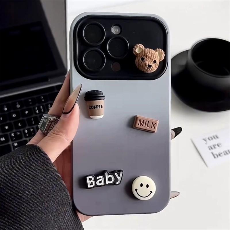 Matte Silicone Phone Case IPhone 15 14 13 Pro Max With Gradient Window 3D Bear Design Anti-Slip Shockproof Full Cover