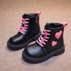 Girls Fashion Boots Kids Rubber Leather Boots Autumn and Winter Cotton Soft Sole Pink with Love Side Zip Children Princess Boots