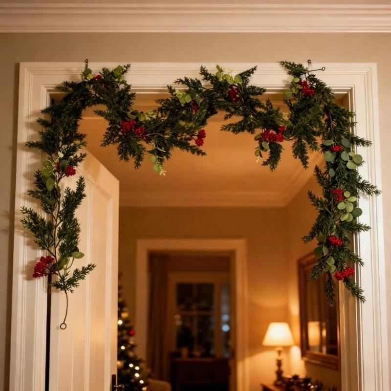 Elegant Plastic Christmas Berries Money Leaf Garlands Reusable Pine Vine Ornament Festival Indoor Decoration