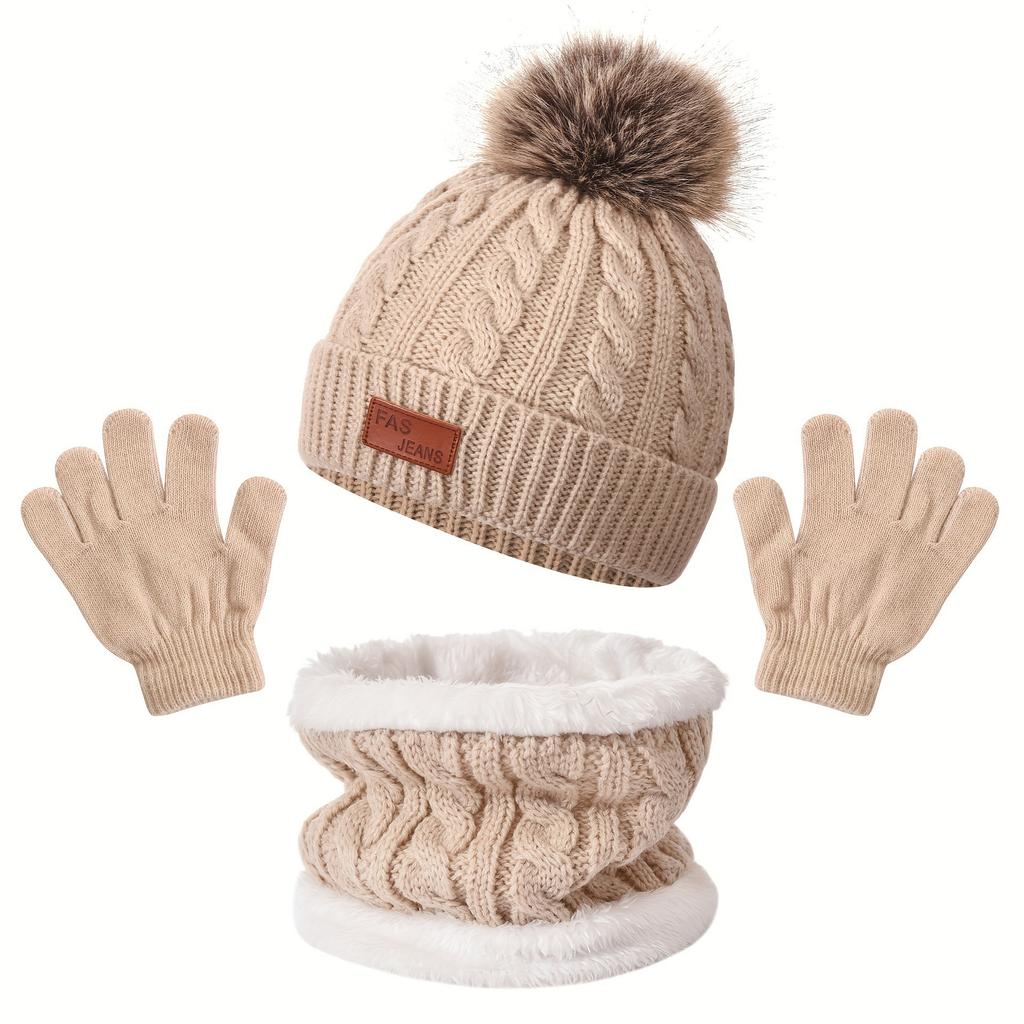 Spot European and American Children's Hats Scarf Gloves Three-piece Set Autumn and Winter Solid Color Hairball Knitted Hat Baby Hat