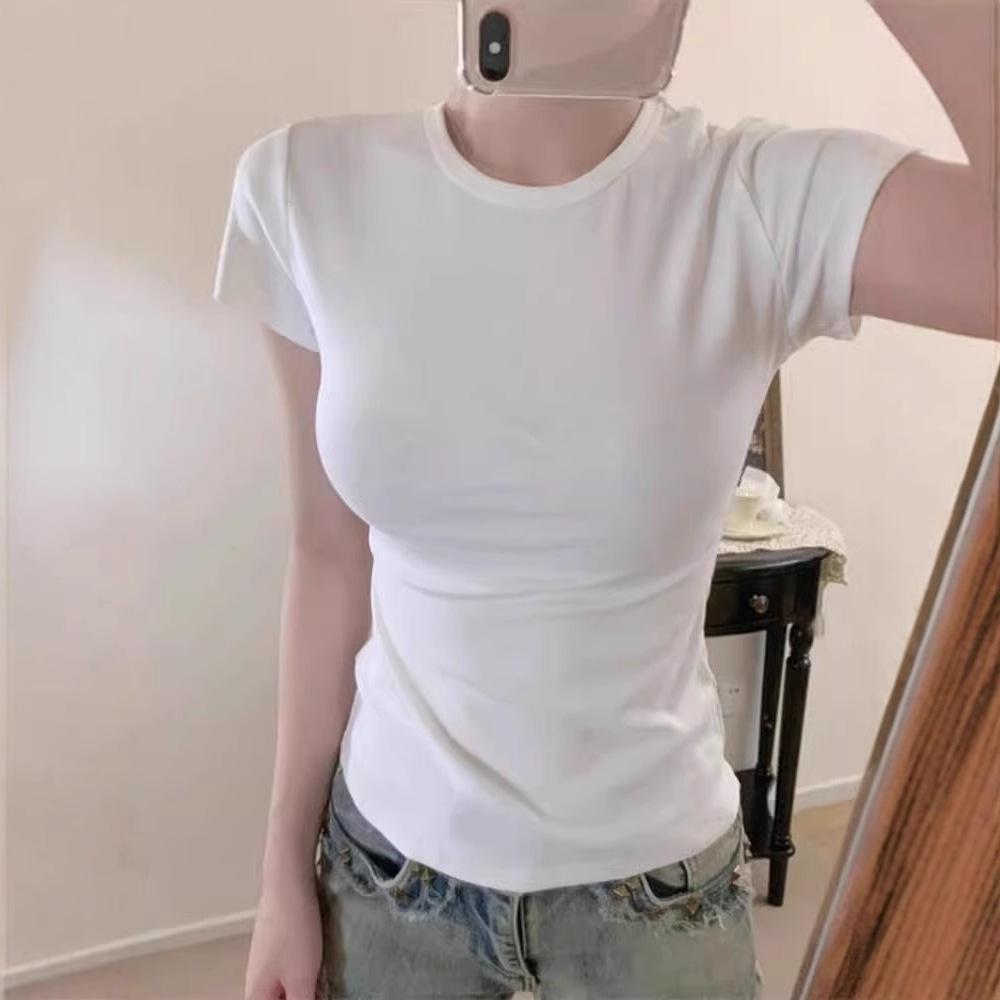 White Fitted Women's Summer T-Shirt - Straight-Shoulder, Round-Neck, Short-Sleeve, Slim Fit