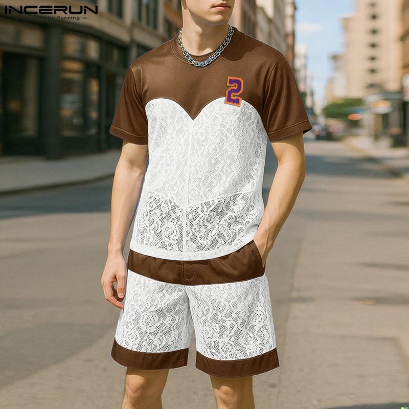 INCERUN Two-pieces Men's Short Sleeve Lace Patchwork T-Shirts Mesh Shorts Outfits Sets
