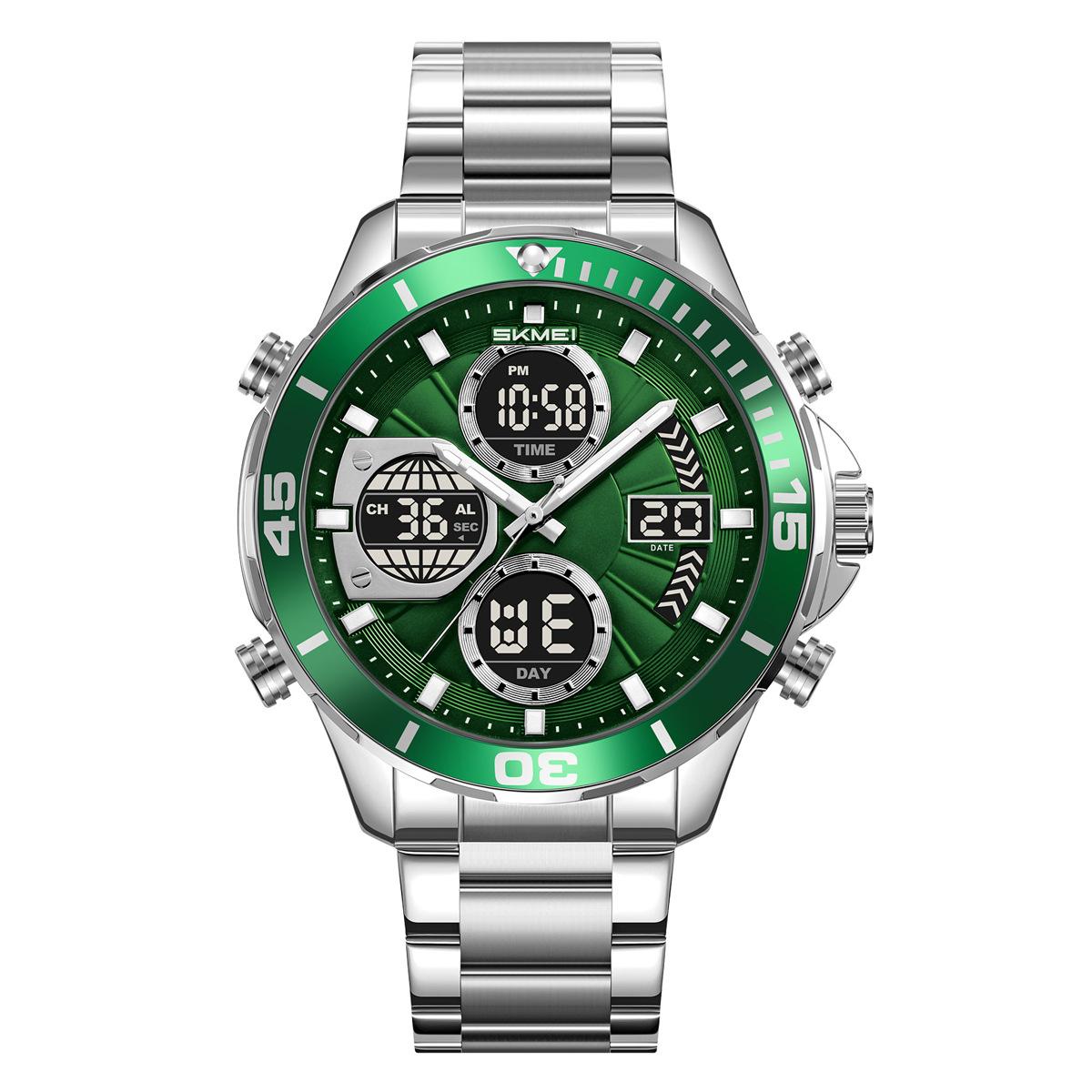 Mens Dual Time Watches Waterproof Analog Digital Watch EL Light Chronograph Alarm Watch Steel Band Full Silver зелёный