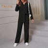 2 Pcs/Set Fall Spring Women Shirt Pants Set Long Sleeves Lapel Button-down Blouse with Chest Pocket Elastic Waist Trousers OL Commuting Sport