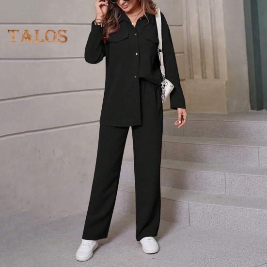 2 Pcs/Set Fall Spring Women Shirt Pants Set Long Sleeves Lapel Button-down Blouse with Chest Pocket Elastic Waist Trousers OL Commuting Sport