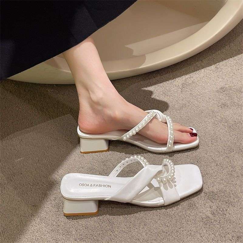 Thick-heeled slippers women's summer outer wear 2025 new models with skirts, high heels, pearl sandals, fairy style French sandals