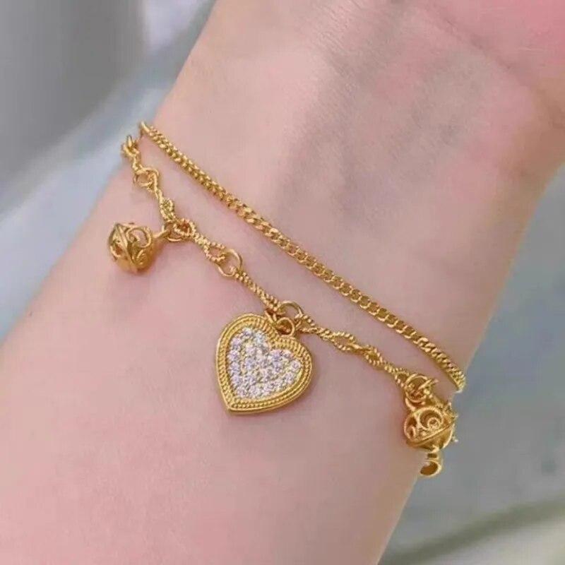 ANENJERY Gold Color Love Heart Zircon Pendants Bracelet Double Layer Chain Charm Valentine's Day Jewelry Gifts For Women Lovers