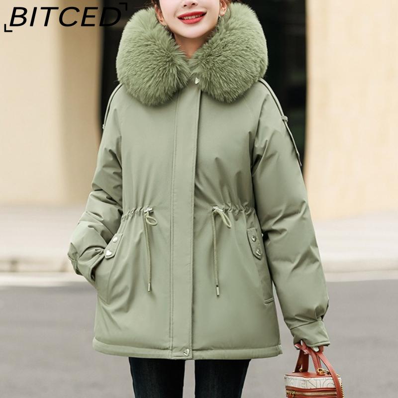 

BITCED Fleece-Lined Thickened Down-Filled Cotton Coat for Women - Short Style Autumn/Winter Waist-Defining Design with Large Fur Collar XXL зелёный