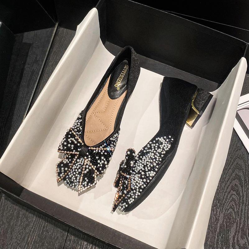 

Туфли на толстом каблуке, женские новые, с квадратным носком, с мелким вырезом, с бантом и стразами, темпераментные туфли на высоком каблуке 34 чёрный