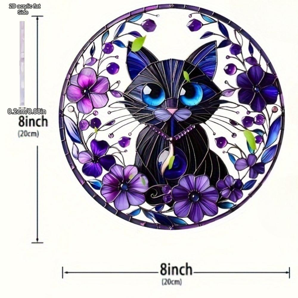 Cat & Purple Floral Theme Sun Catcher Acrylic Hang Sign, Nurseries, Vintage Home Decor Wall for Bar Kitchen, Restaurant Shop Wall Decor, Garden Decor