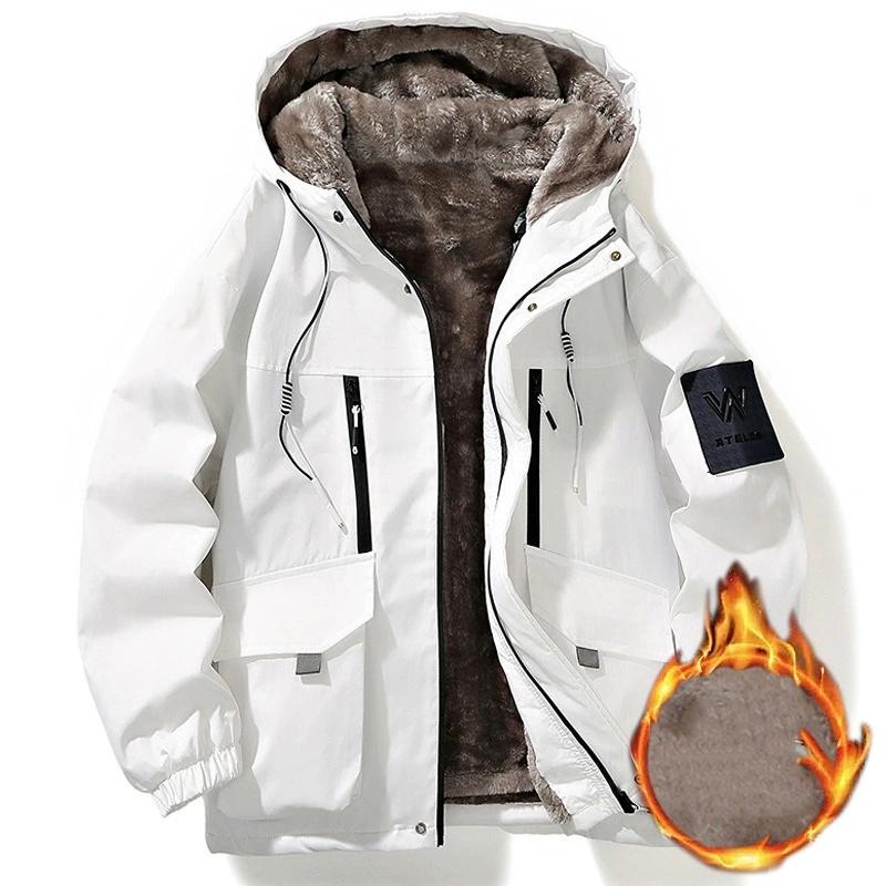 Winter Thickened Fleece Lined Jacket Men's Loose Warm Cotton Coat Youth Outerwear Hooded Casual Long Sleeve Zipper Closure Coat