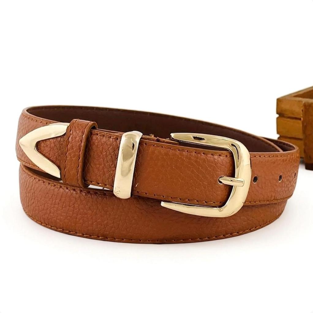 Versatile Korean Decorative Ladies Leather Dress Belt with Retro Gold Pin Buckle