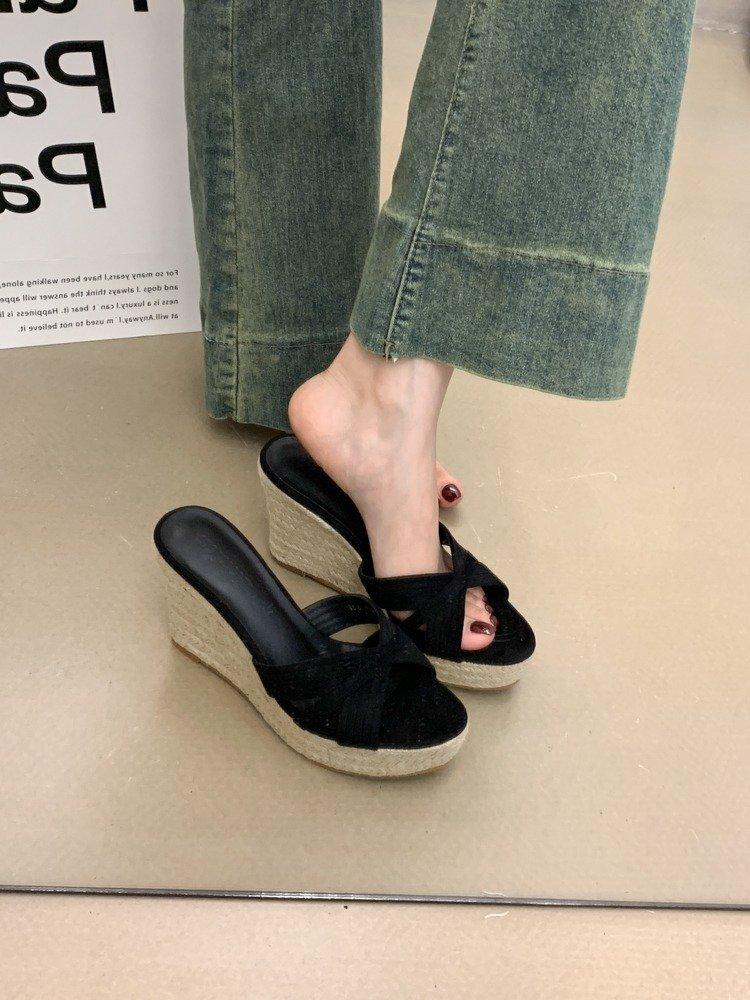 Wedge heel slippers women's new summer fashion outer wear woven hemp rope versatile high heel one-word slippers women