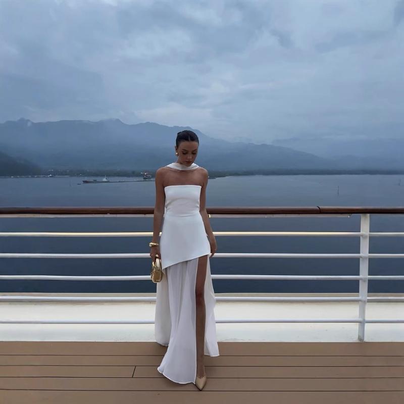 Strapless Slit Long Dress With Ribbon Female Sleeveless Mesh Elegant Beach Vacation Dress Spring New Women Dress