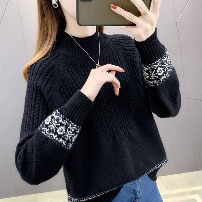 Autumn Winter Women's Half Turtleneck Sweater Loose Thick Pullover Knitted Top Jacquard Elastic Knitted Top Jumper.
