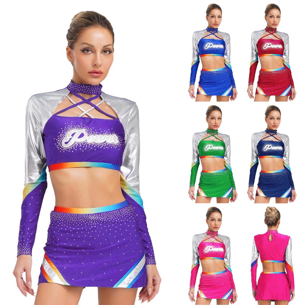 Top Corto da Donna a Maniche Lunghe con Incroci e Strass Uniforme da Cheerleading Set Gonna da Ballo