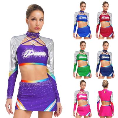Damen Langarm Kreuzträger Crop Top Strass Cheerleading Uniform Tanzrock Set